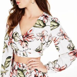 NWT Guess Karlotta Blushing Azalea Print Ivory Floral V-Neck Crop Top Blouse L
